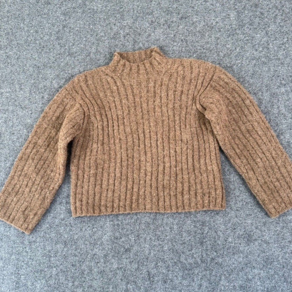 Buck Mason Brown Baby Alpaca Merino Wool Ribbed Mock Neck Sweater Small Shrunken